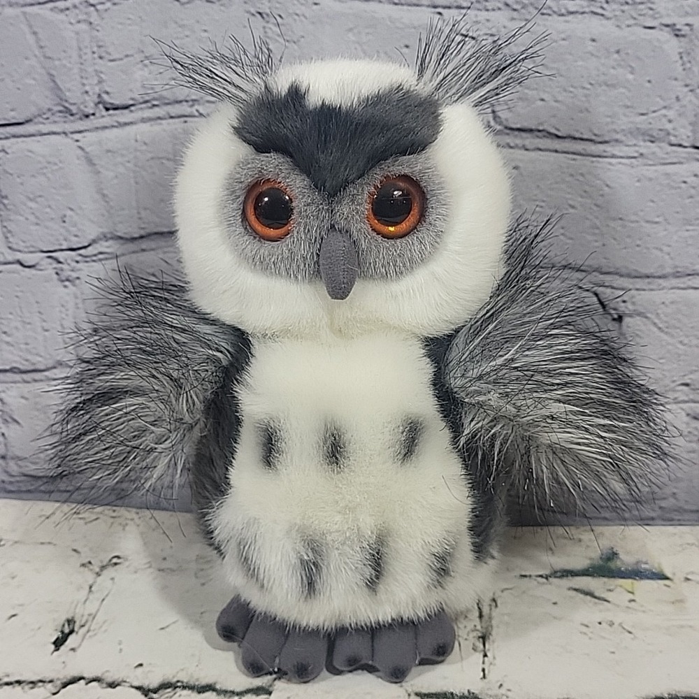 Vtg Horned Owl Plush Gray White A&A Stuffed Bird Orange Black Eyes 8.5" Tall